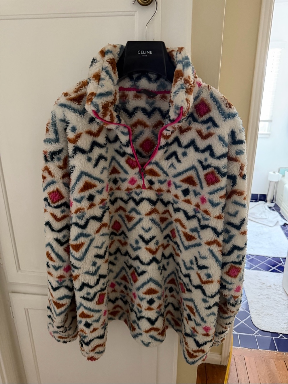 Eddie Bauer Cream Faux-Sherpa Pullover with Blue, Brown & Pink Accents
